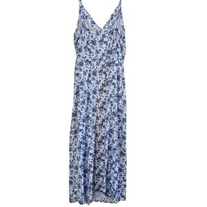 TMG New York Blue White Floral Maxi Dress XL Spaghetti Strap V-Neck Made in USA